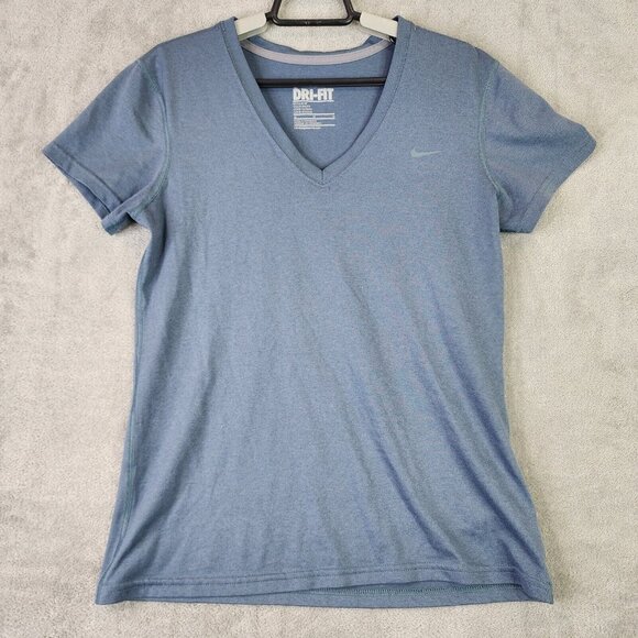 Womens Nike Dri Fit Shirt Top Solid Blue Short Sleeve V Neck Pullover Size M - Picture 1 of 7